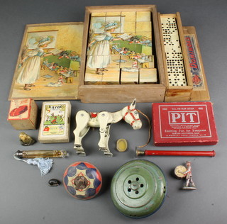 A Marklin painted tin plate musical spinning top 4", a metal Muffin The Mule puppet (f) and other curios etc