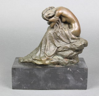 A bronze figure of a seated lady raised on a marble base 7" 