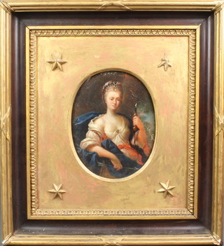 An 18th Century oil on panel, study of Diana, contained in a fancy gilt wood frame, oval, 7 1/2" x 6" 