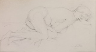 Daphne Paul, pencil drawing, sketch of a sleeping naked lady, signed, 9 1/2" x 17" 