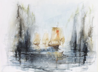 Denis Maile, watercolour, signed, Viking ships and long ships leaving a fjord 21" x 28" 