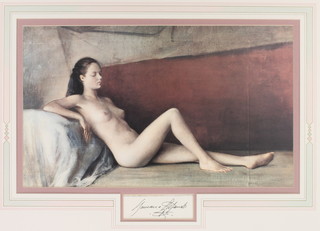 Prints, a pair, indistinctly signed, studies of reclining naked ladies, with shaped mounts 13" x 20" 