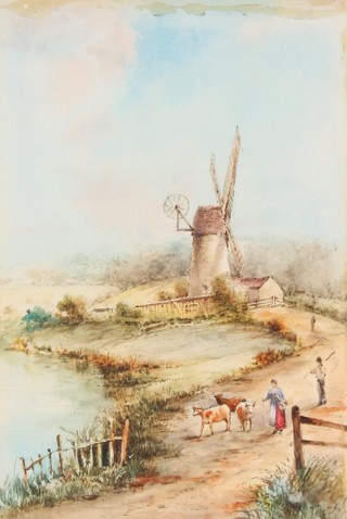 20th Century watercolour, figures and cattle before a windmill 10" x 7"