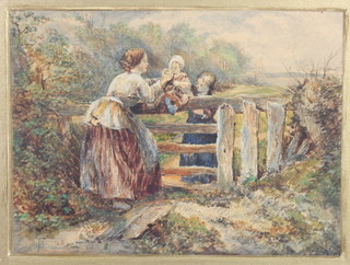 After Birket Foster, watercolour, studies of figures at a stile, bearing a monogram 5" x 7" 