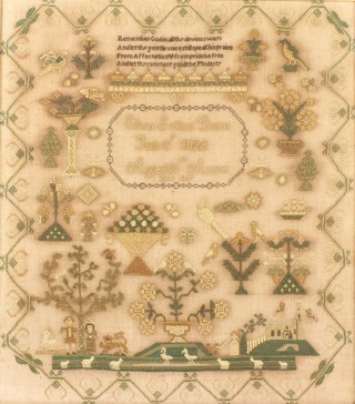 A 19th Century sampler with verse on a field of flowers, trees, ships and birds with figures before a country Church by Ellen Sykes born July 3rd 1826, Aged 11 Anno, contained in a rosewood frame 20" x 17" 