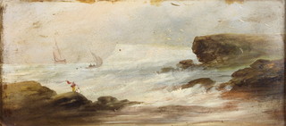A Victorian oil on board, a rocky coastal scene with vessels, unsigned 6 1/2" x 14 1/2" 
