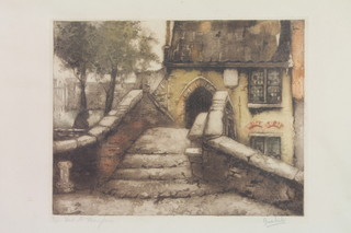 20th Century coloured etching of a European street scene, signed in pencil 9" x 11" 