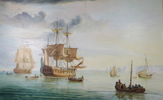 Mapley 1983, oil on board, signed and dated, Man of War and other vessels off a cliff coast 48" x 77 1/2" 