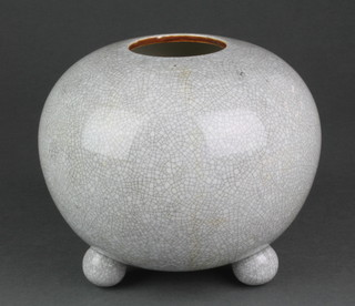 A 20th Century studio pottery spherical crackle glazed vase on ball feet 6" 