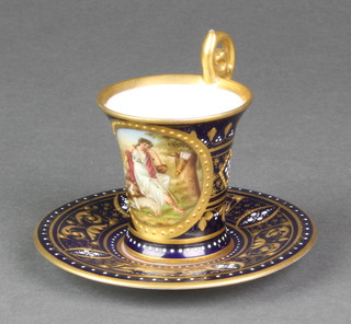 A 19th Century Austrian cabinet cup and saucer, the blue and gilt ground with a panel of Diana 