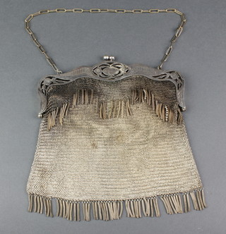 A white metal mesh purse with pierced clasp, stamped Alpaca on a ditto chain 