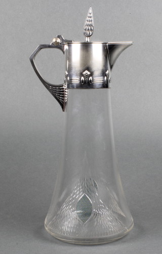 An early 20th Century WMF silver plated mounted ewer with repousse decoration, the splayed glass body with green dimpled decoration in the form of a peacock feather 13" 