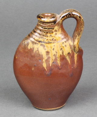A John Leach Muchelney Pottery slip glaze flattened baluster bottle  impressed marks 5" 