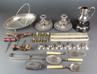 A silver plated swing handled basket and minor plated items