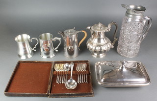 A silver plated mounted water jug and minor plated items 