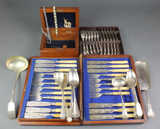 A silver plated fiddle pattern ladle and minor plated cutlery