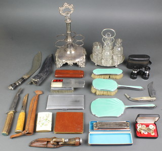 A silver plated 4 bottle cruet and minor plated items, etc 