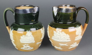 2 Doulton Lambeth stoneware jugs with silver lips 
