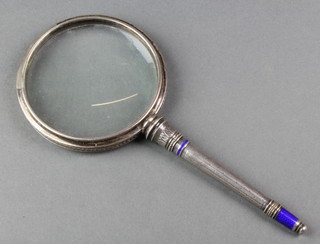 A late 19th Century Continental engine turned silver and guilloche enamel magnifying glass 9" 