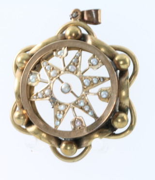 A Victorian gold pearl set brooch, a 9ct amethyst set pendant and a gilt locket 