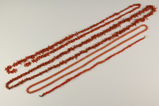 A coral bead necklace 28", the beads 5mm in diam. and 3 other coral necklaces