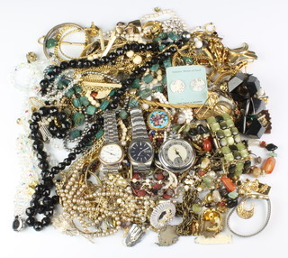 A quantity of costume jewellery and watches including a silver compact 