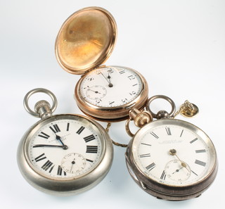 A gentleman's silver cased keywind pocket watch with seconds at 6 o'clock together with a plated cased army issue pocket watch with seconds at 6 o'clock and a gilt hunter pocket watch on a gilt chain 