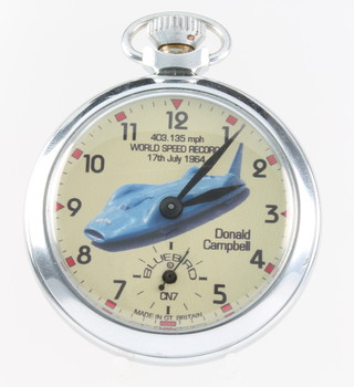 A chromium cased pocket watch, the later printed dial inscribed Bluebird CN7 Donald Campbell Made in Great Britain 