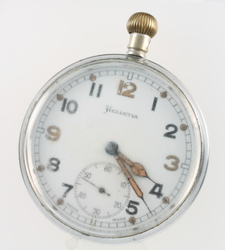 A gentleman's chromium cased Army issue pocket watch the dial inscribed Helvetia with seconds at 6 o'clock together with a metal cased pocket watch with seconds at 6 o'clock  