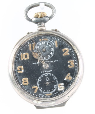 A gentleman's silver cased pocket watch with alarm mechanism, the black dial with 2 subsidiary dials inscribed Birch & Gaydon Ltd London 