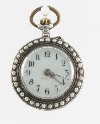 A lady's silver fob watch with seed pearls and guilloche enamelled back 