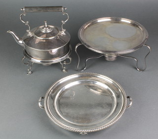 A silver plated kettle on stand with burner and minor plated items