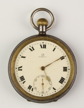 A gentleman's gun metal Omega pocket watch with seconds at 6 o'clock 