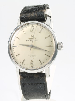 A gentleman's steel cased Verity Magnificent wristwatch on a leather strap 