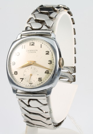 A 1950's chromium cased J W Benson wristwatch with seconds at 6 o'clock on an expanding bracelet 