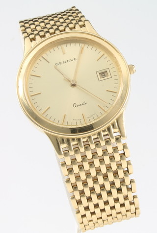 A gentleman's 18ct yellow gold Geneve calendar quartz wristwatch on a ditto bracelet, gross 70 grams 