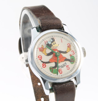 A child's steel cased Piggy wristwatch with Minnie Mouse dial on a leather strap 