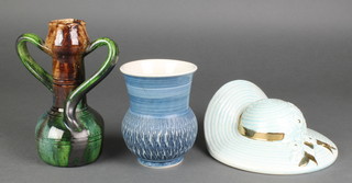 A Studio Pottery green and brown glazed 2 handled vase 7", a ditto baluster vase 5" and a hat wall pocket 