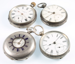 A gentleman's silver cased half hunter pocket watch with seconds at 6 o'clock, a silver pocket watch with seconds at 6 o'clock, a ditto and a key wind pocket watch 