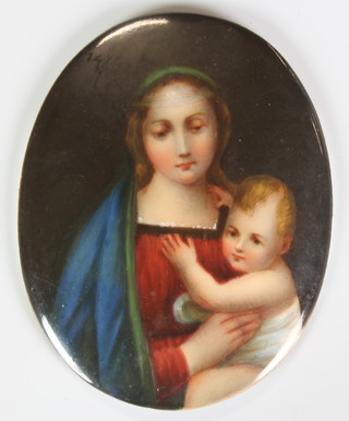 A 19th Century Continental Firenze oval porcelain plaque decorated with a mother and child 3 1/2" x 2 1/2" 