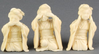 A set of 3 Japanese carved ivory figures of kneeling ladies - See no evil, hear no evil and speak no evil 2 1/2" 