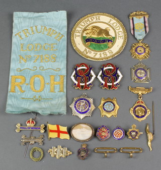 A silver gilt and enamel buffalo jewel, minor jewels and badges etc 