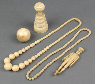 Two ivory bead necklaces, a naive carved bone figure with articulated arms a carved ivory ball and another ivory item