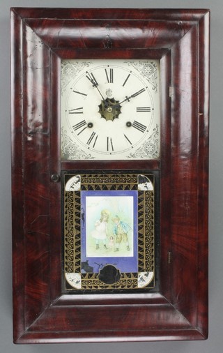 A Westerby American 30 hour wall clock with square painted dial, the interior with back paper marked Herbert Barker 13 West Street Horsham, contained in a mahogany case 