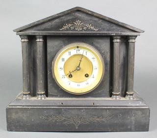A French 8 day striking clock with enamelled dial and Arabic numerals contained in a black marble architectural case 