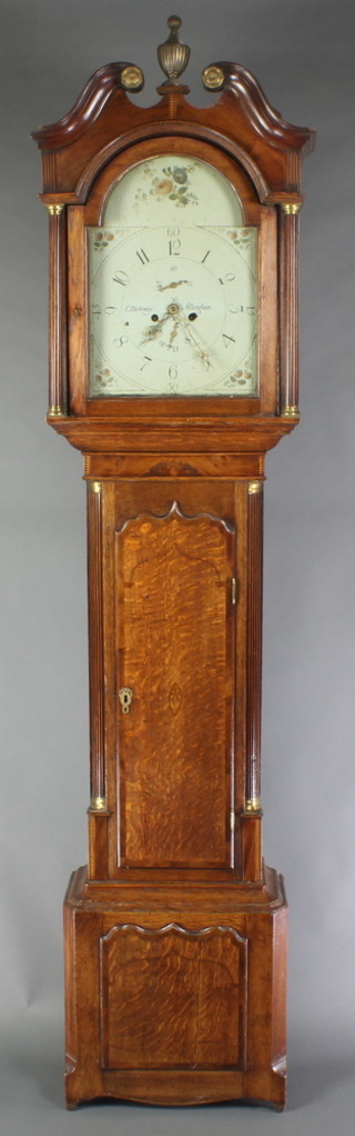 C Blakeway of Albrighton,  an 8 day striking longcase clock,  the 14" brass painted dial with calendar hand, subsidiary second hand, contained in an oak case with broken and urn pediment 93" 