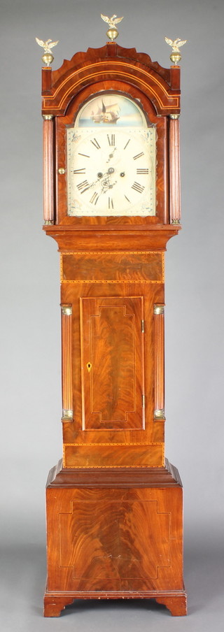 An 18th Century Isle of Wight striking longcase clock, the 12" arch shaped dial painted a scene of a fishing boat, the dial with subsidiary second hand, calendar hand and Roman numerals, indistinctly marked Node Hill Newport, contained in an arch shaped inlaid mahogany case with brass finials to the top 78"  