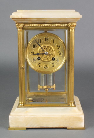 A 19th Century French striking 4 glass clock, the gilt dial with Arabic numerals and twin mercurial pendulum contained in a gilt metal and marble case 