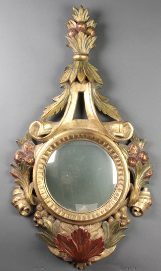 A Regency style gilt and polychrome carved wooden convex wall mirror 29" x 17" 
