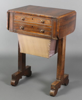 A Victorian rosewood drop flap work table fitted 2 long drawers above a basket, raised on trestle supports 28 1/2"h x 19"w x 16"d when closed x 33" when open